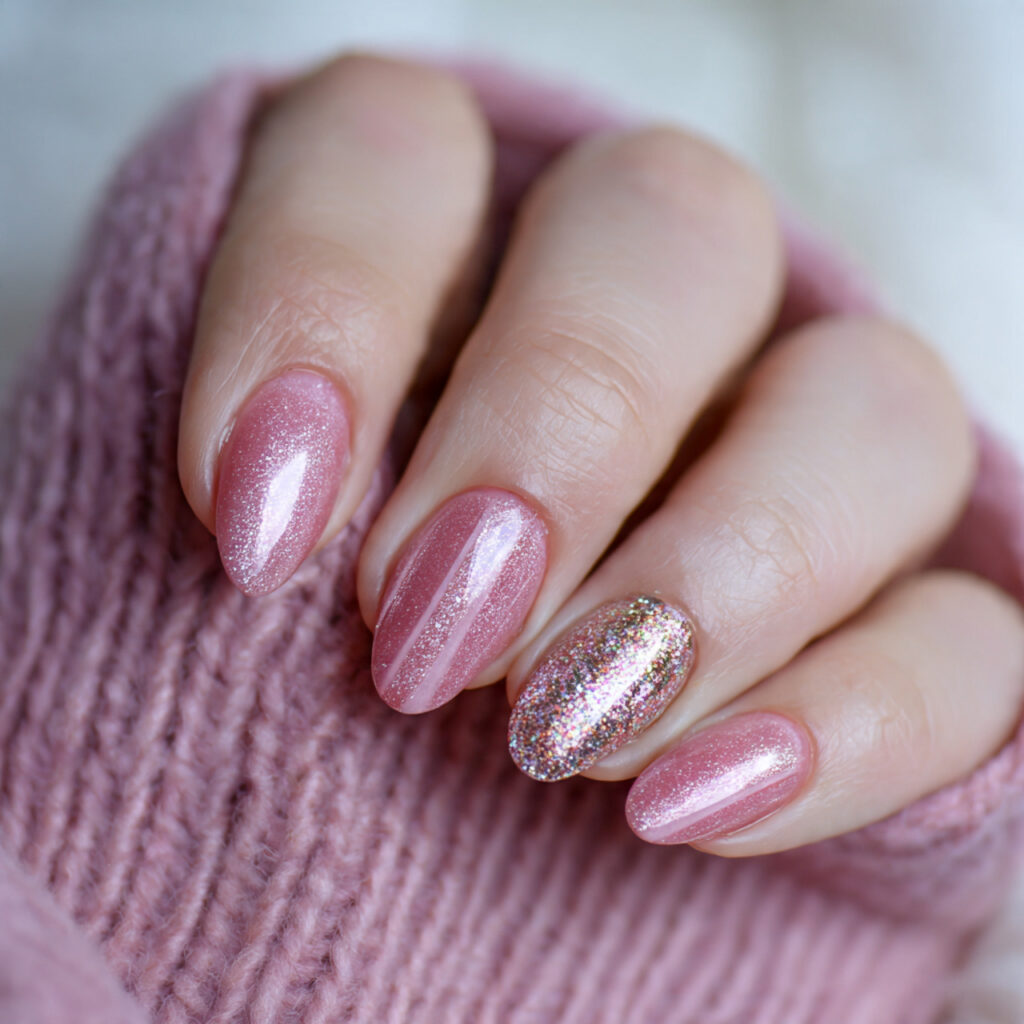 pink cat eye nails with a glitter