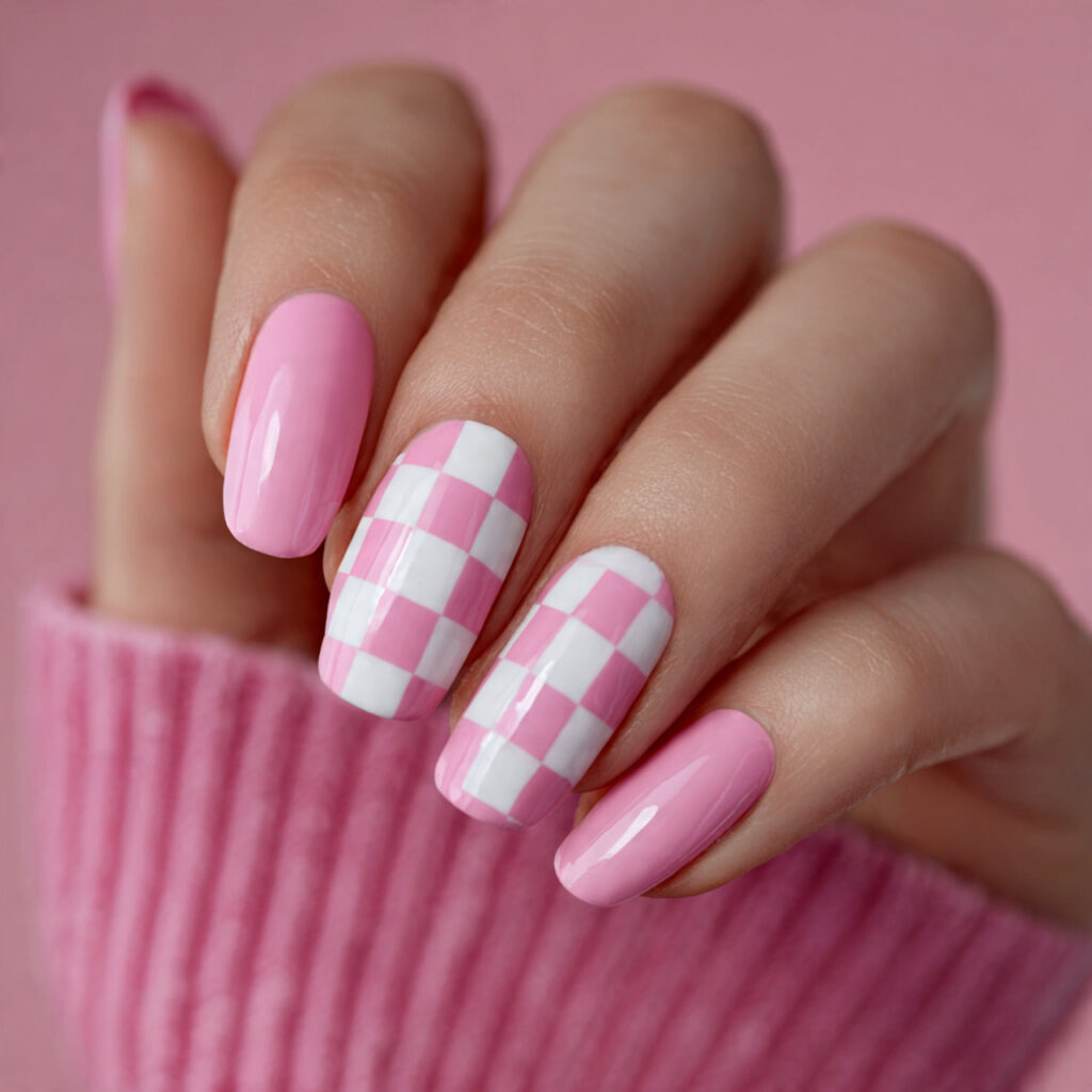 pink checkered nails recreate the classic checkerboard