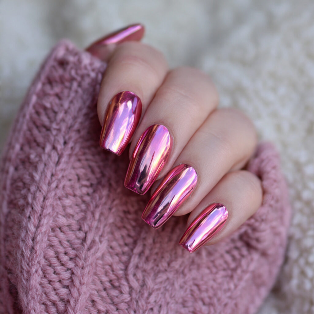 pink chrome coffin valentine nails
