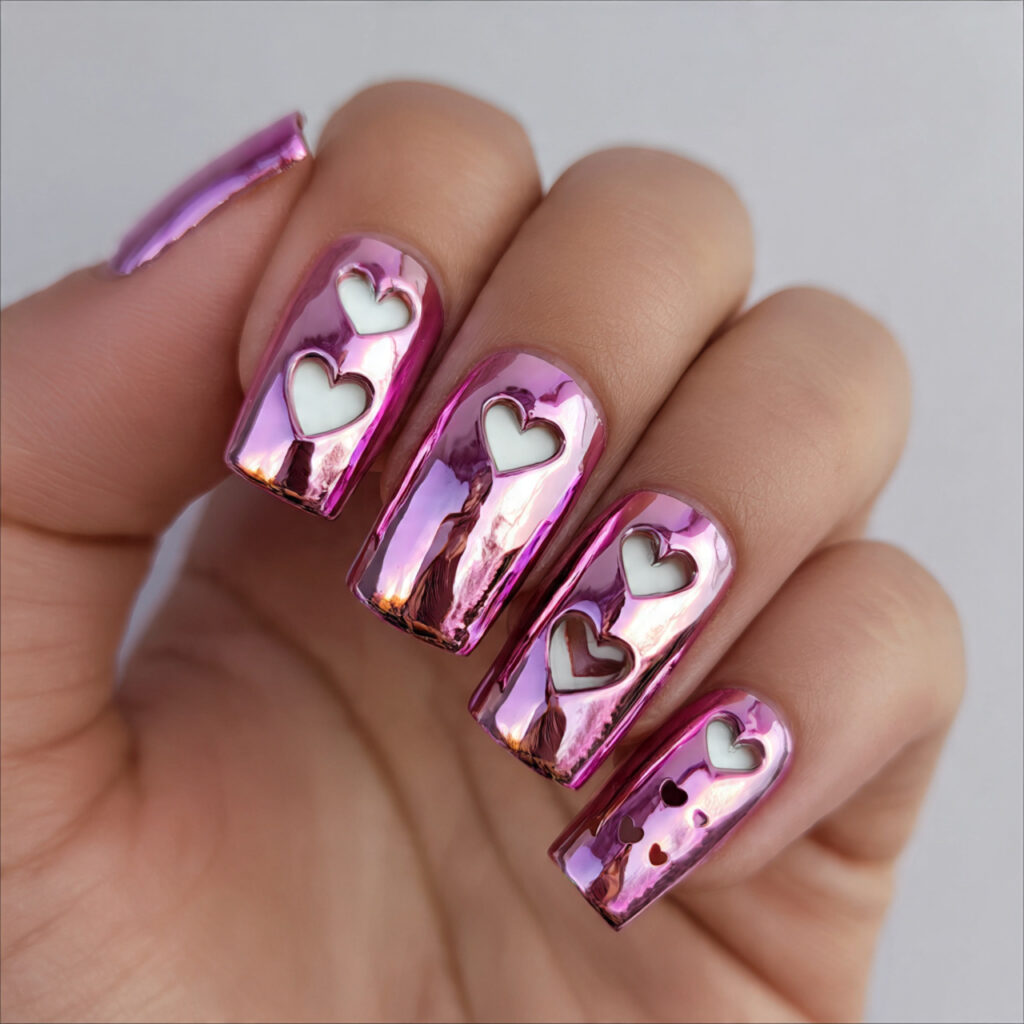 pink chrome nails with heart cut outs