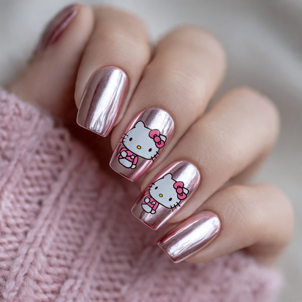 pink chrome nails with hello kitty decals