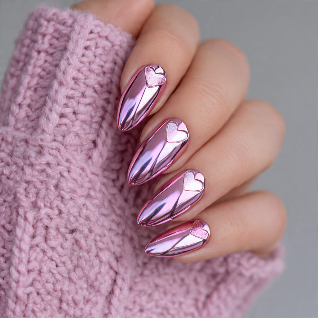 pink chrome valentine nails almond long with