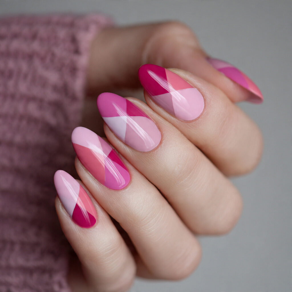 pink color block nail art on almond shaped