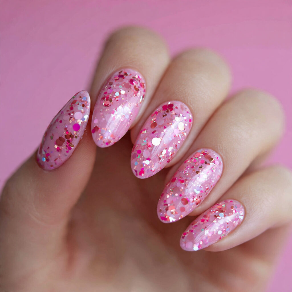 pink confetti glitter creates playful valentine nails