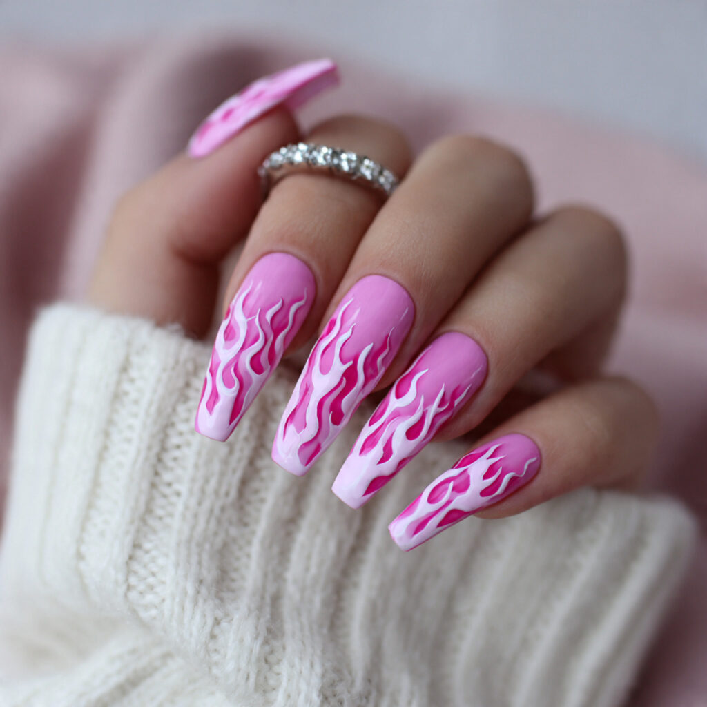 pink flame coffin valentine nails bring edgy