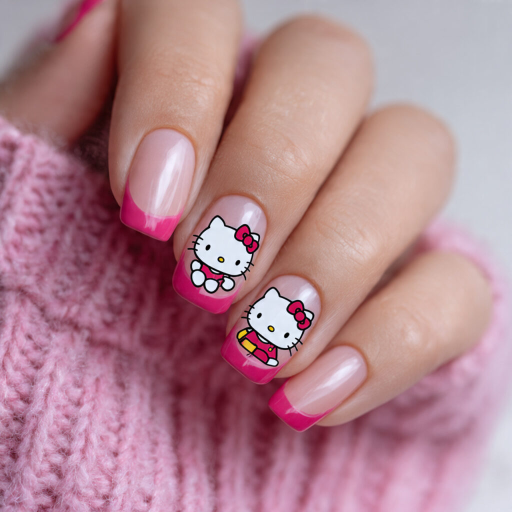 pink french tips with hello kitty faces