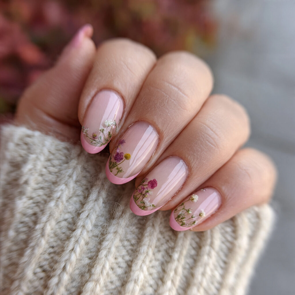 pink french with pressed flower details create