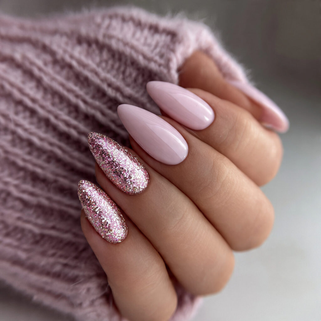 pink glitter accent almond valentine nails add