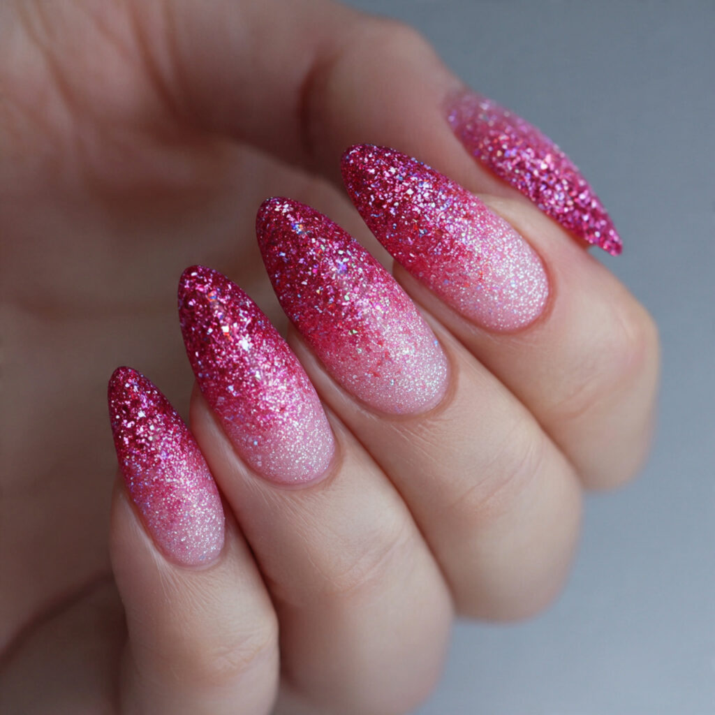 pink glitter gradient creates sparkly valentine nails