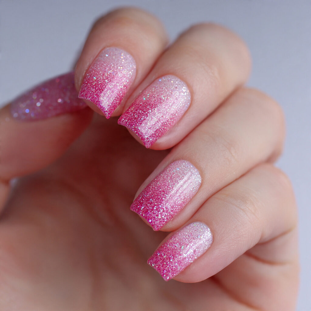 pink glitter gradient nails transition from solid
