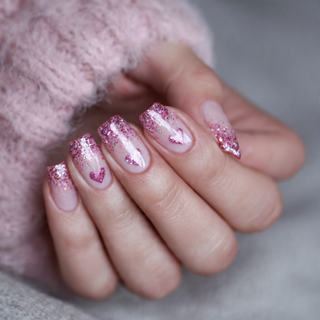pink glitter heart nails add sparkle in