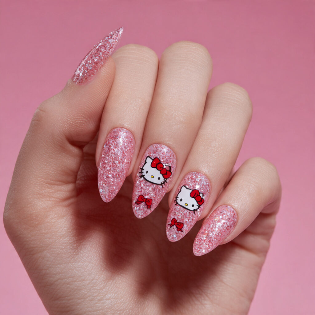 pink glitter nails with hello kitty bow