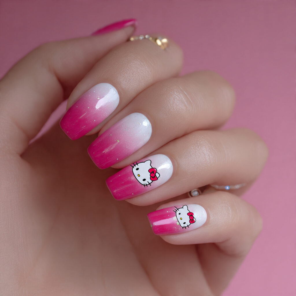 pink gradient nails with hello kitty illustrations
