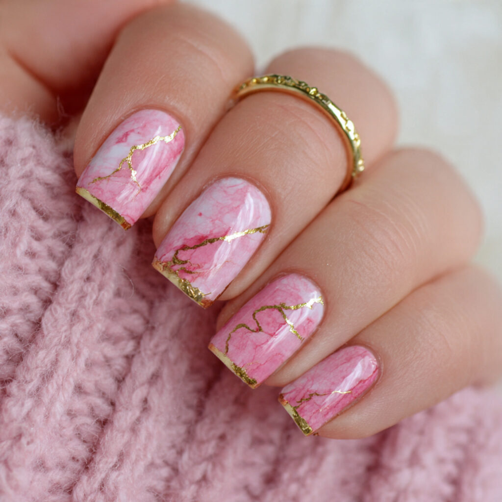 pink marble nail art with gold veining