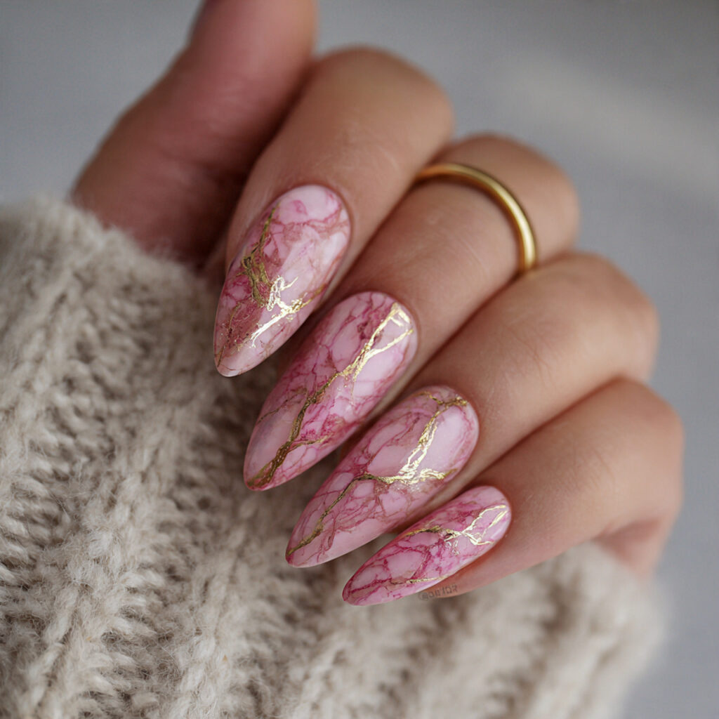 pink marble valentine nails almond long with