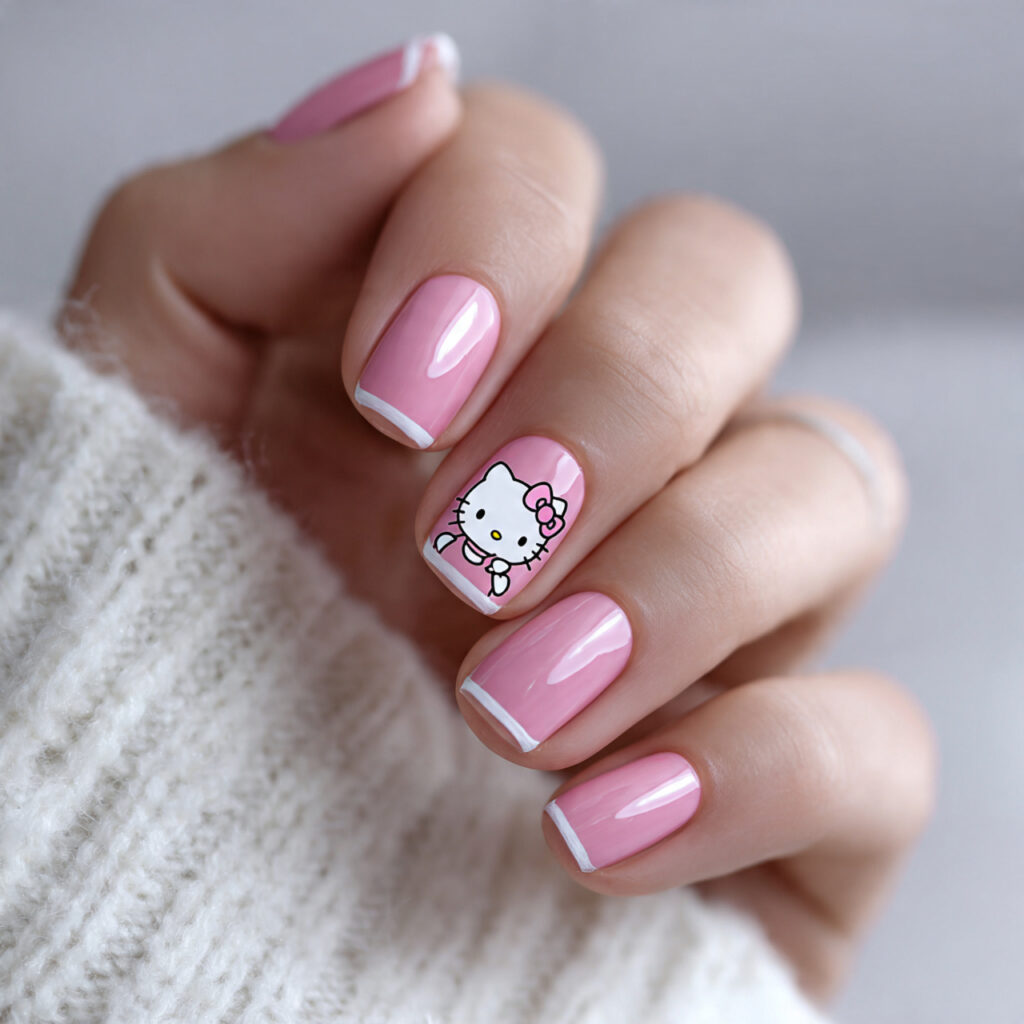 pink nails with white hello kitty outline
