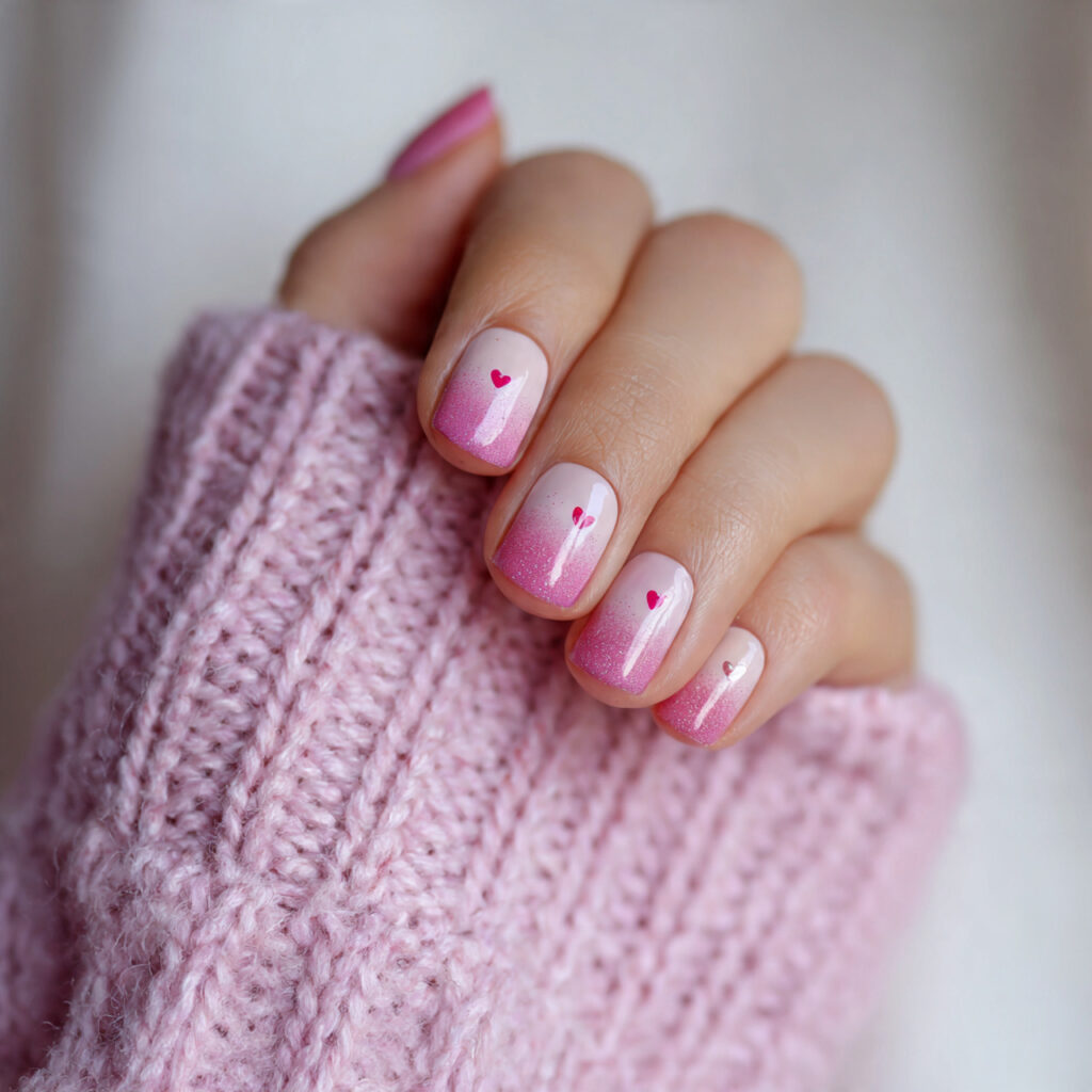 27 Heart Nail Designs for Romantic & Classy Nails 20 pink ombre nails with small heart details