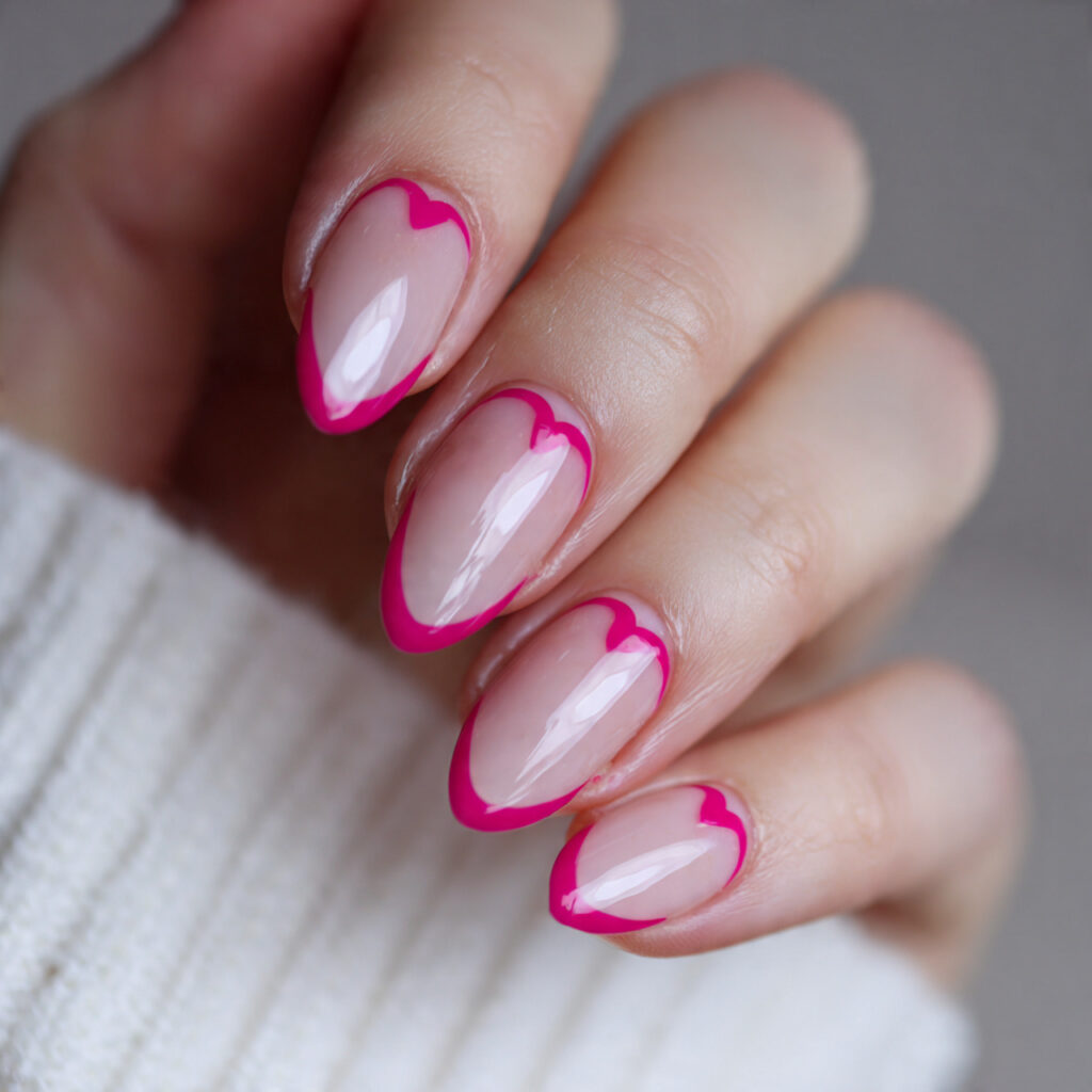 pink outline almond valentine nails focus on