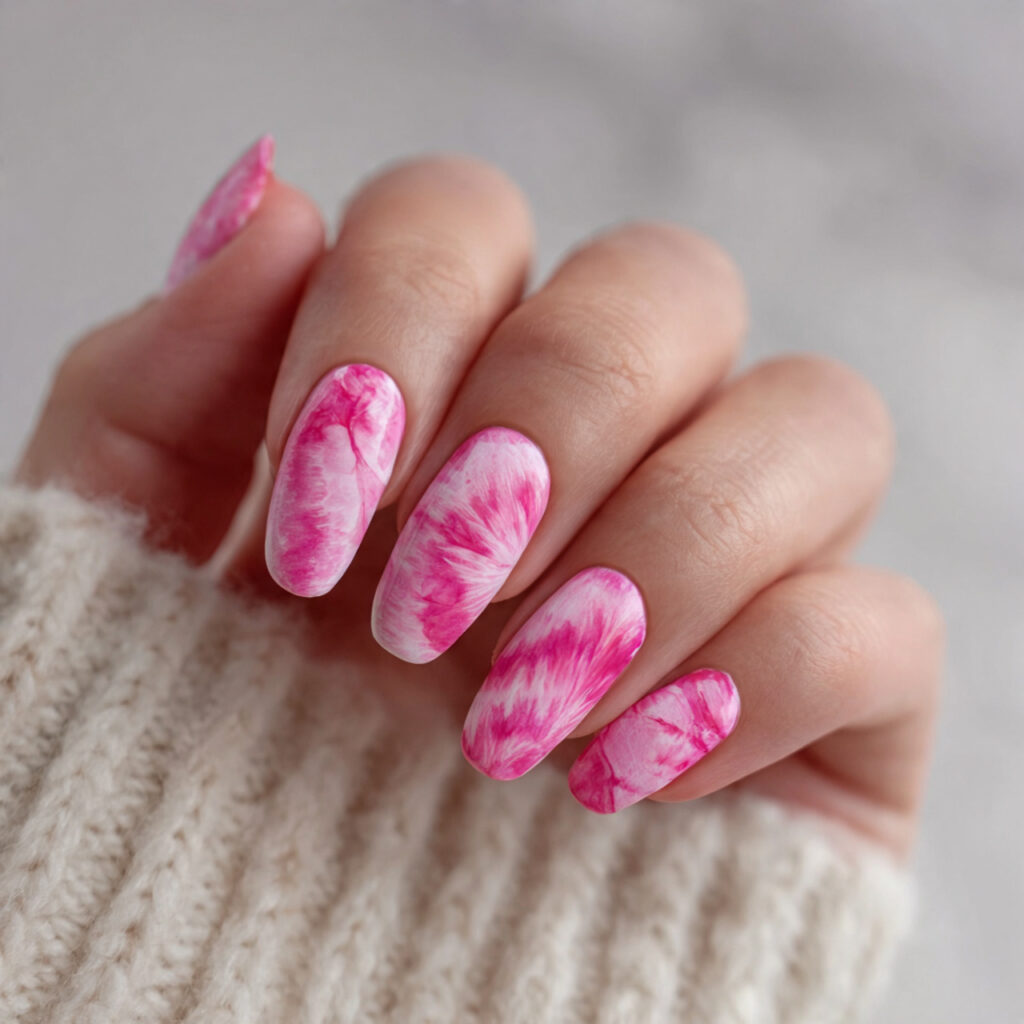 pink tie dye nails recreate the groovy fabric