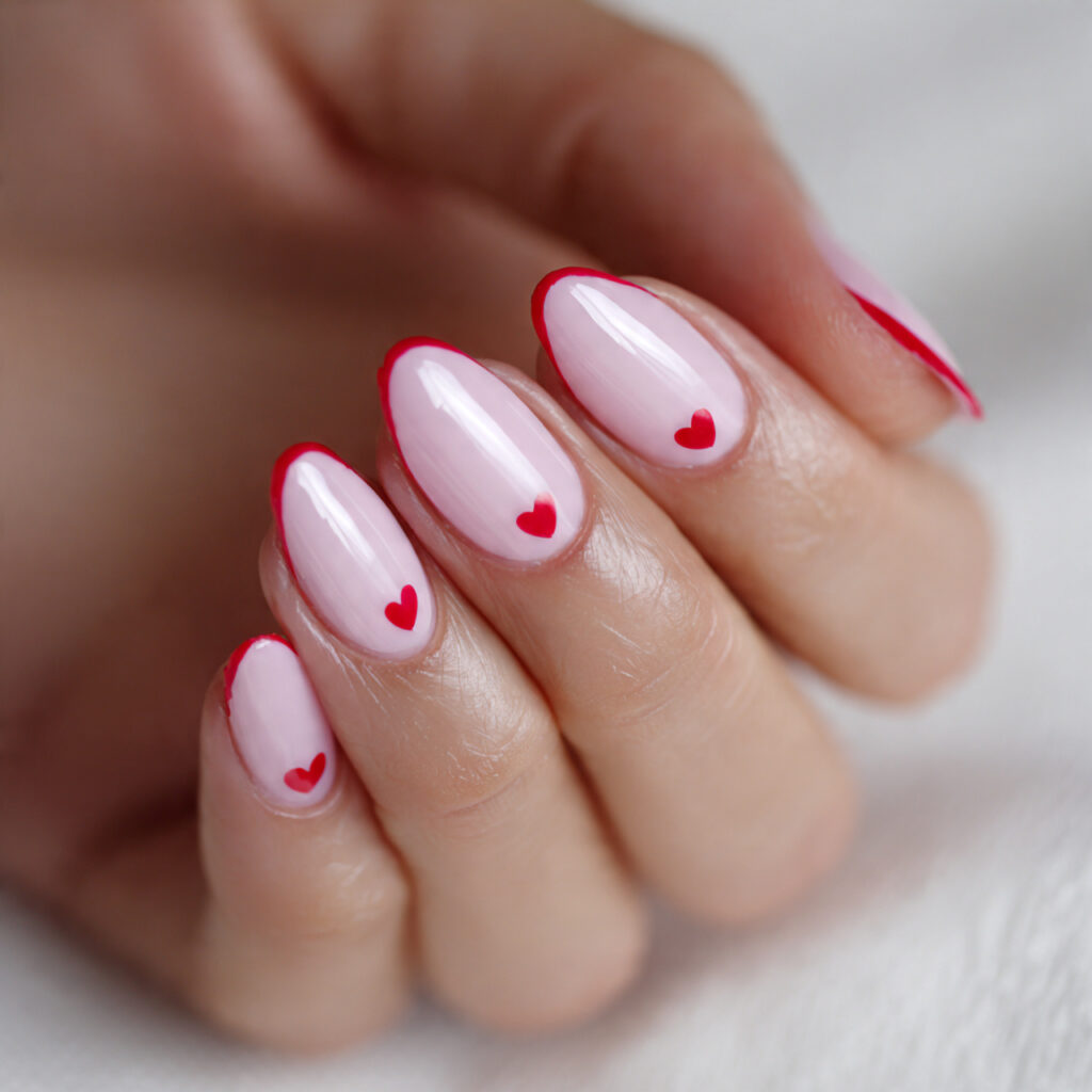 pink with red heart french tips combines