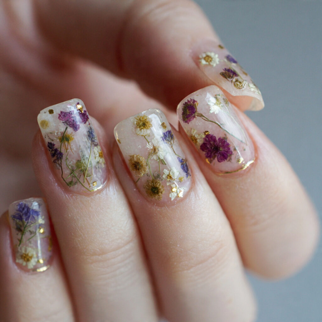 25 February Nails Feminine Ideas That Look Soft and Stylish 10 pressed flower nails incorporating actual dried flowers