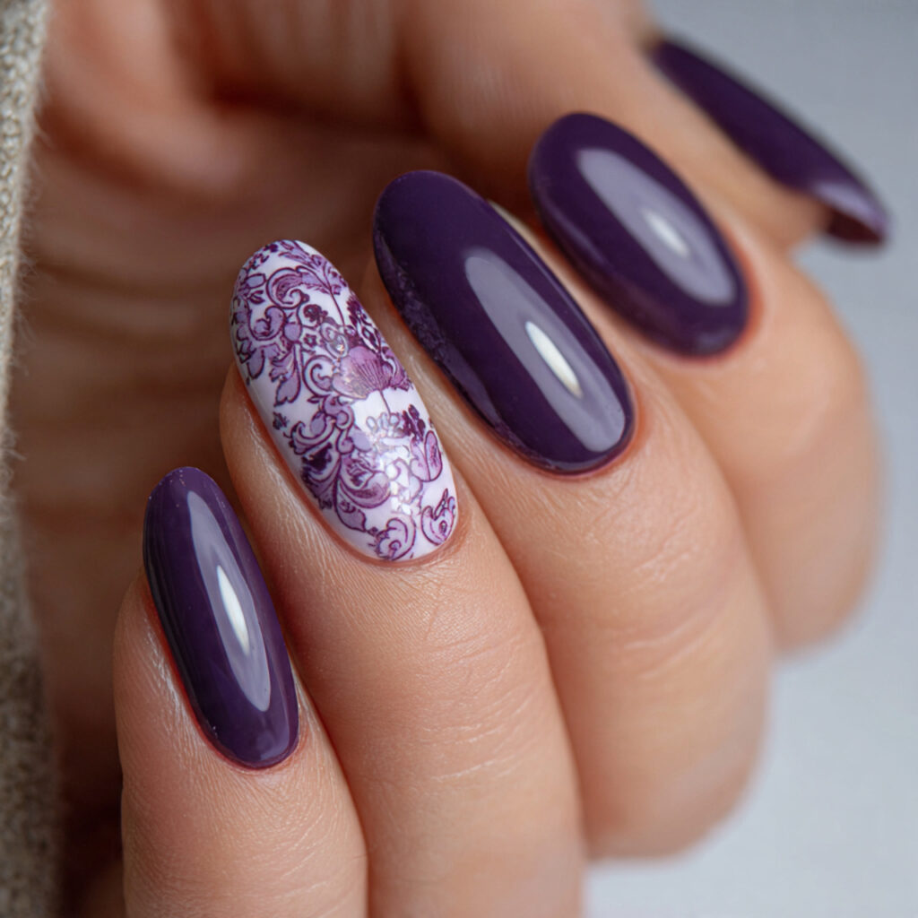 purple accent nails with a focus on