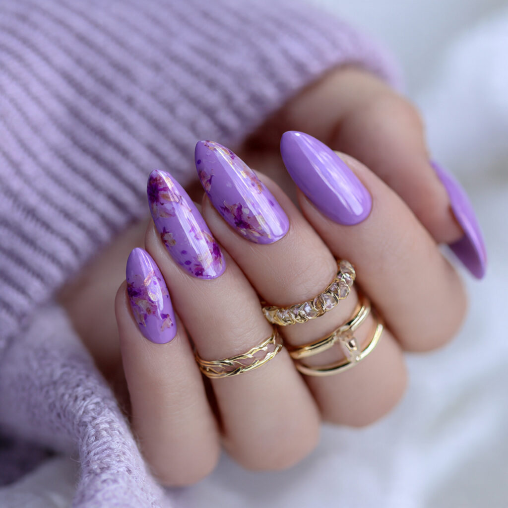 purple almond nails with soft shine