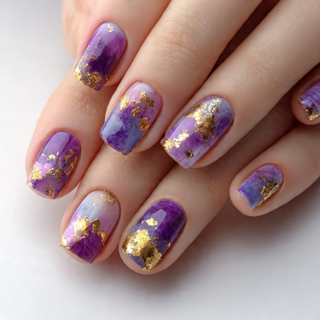 purple and gold foil nails combine various