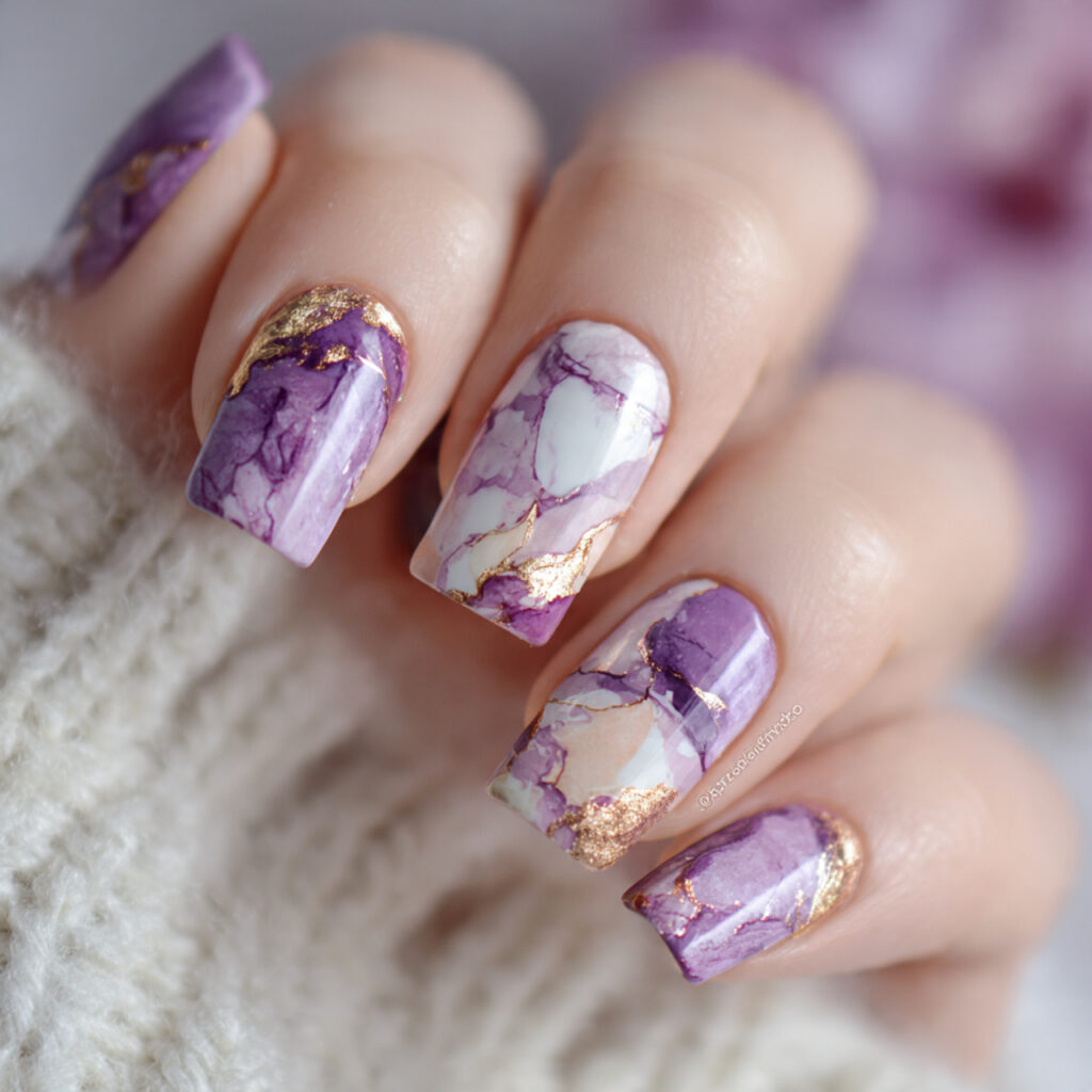 purple and white marble nails recreate natural