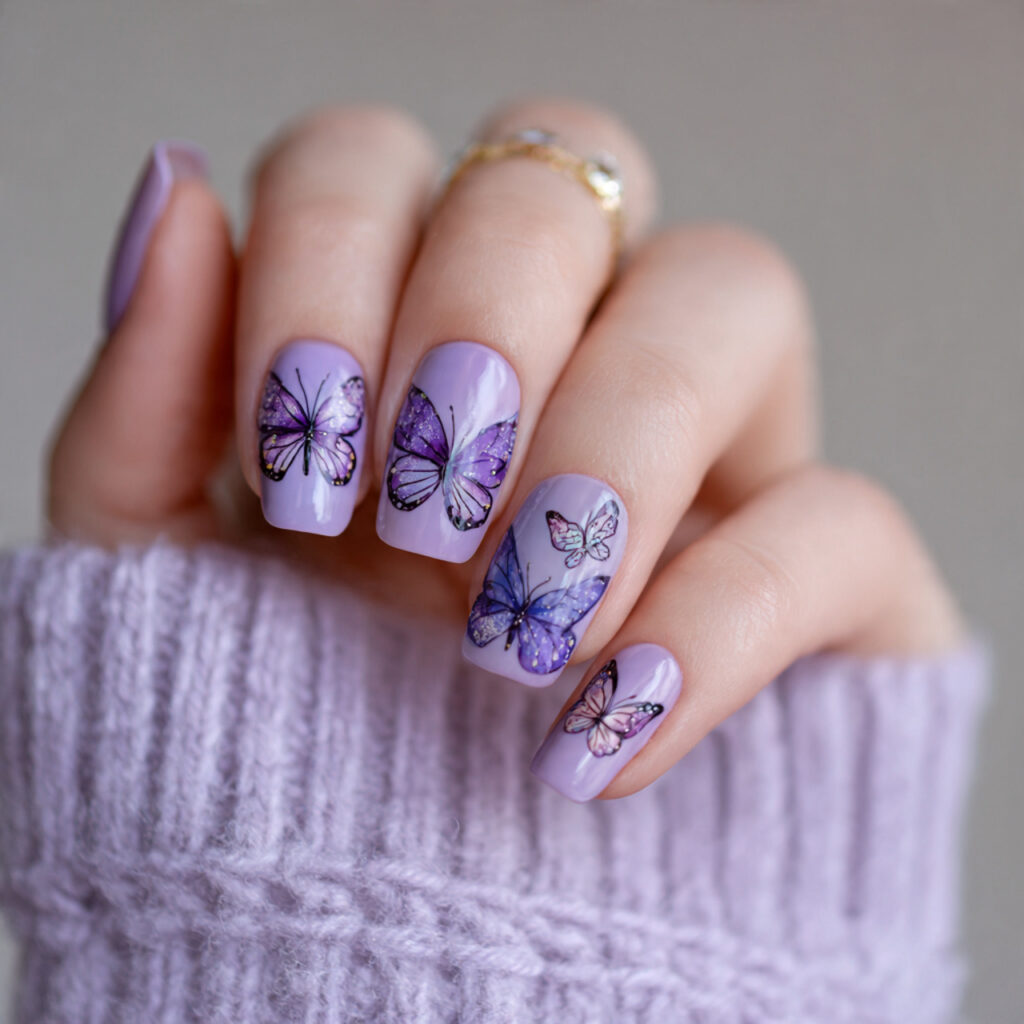 purple butterfly nails feature delicate butterfly illustrations
