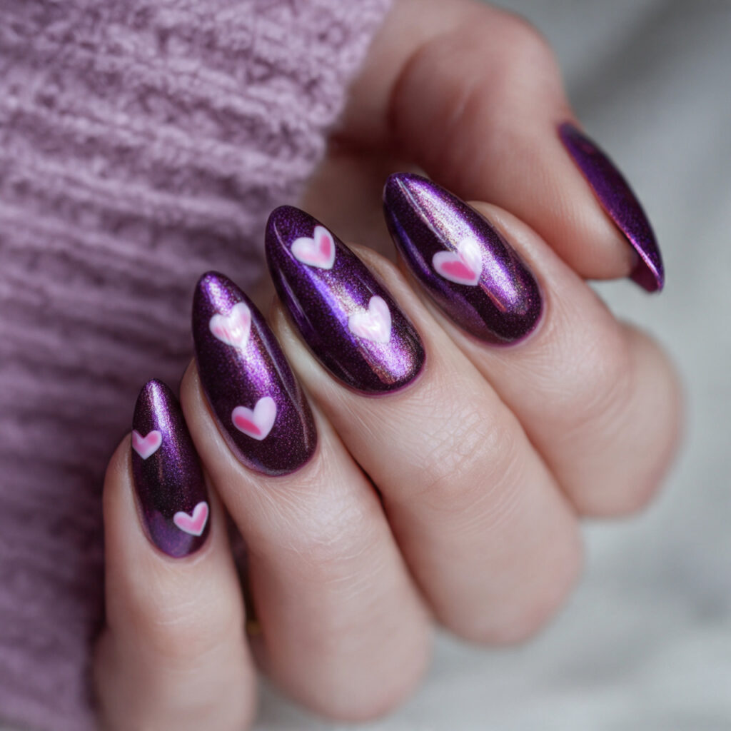 purple cat eye nails with pink hearts