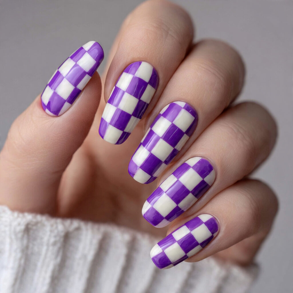 purple checkerboard nails recreate the classic geometric