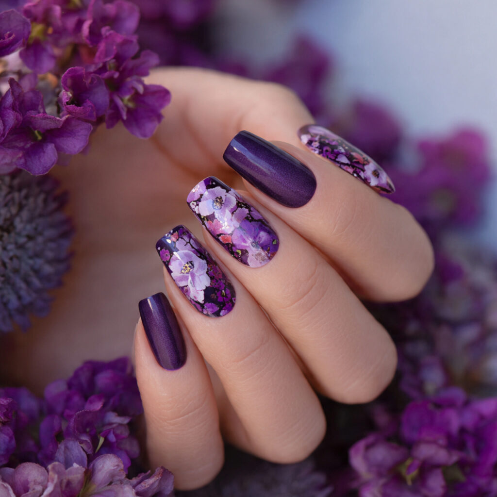 purple floral nail art features hand painted or