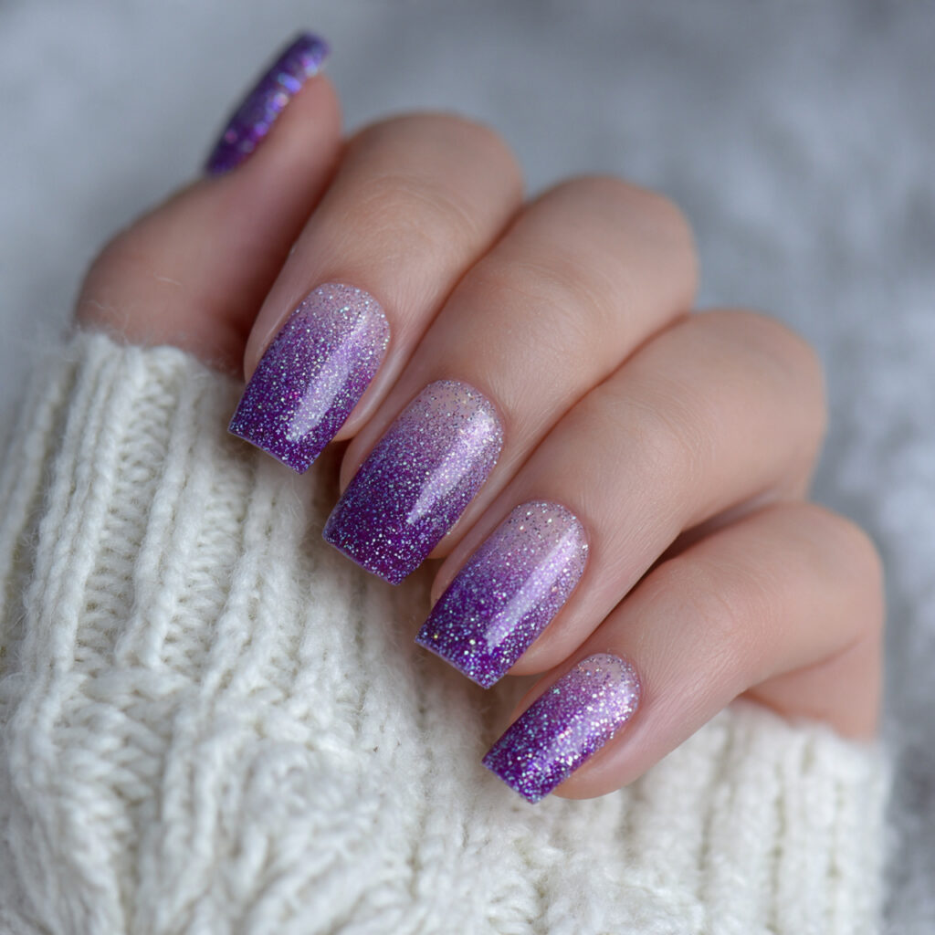 purple glitter gradient nails transition from solid