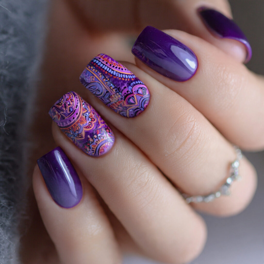 purple nails with abstract art patterns