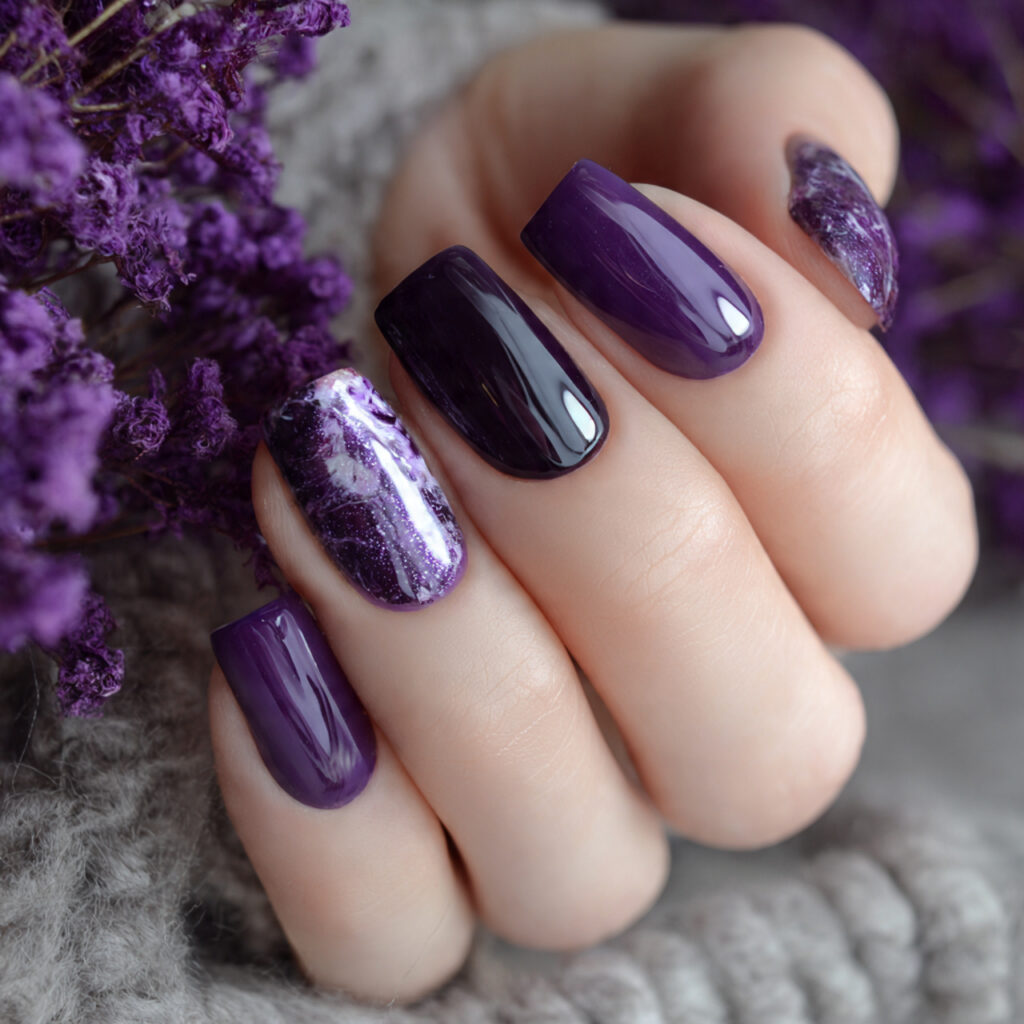 purple nails with glossy and matte mix