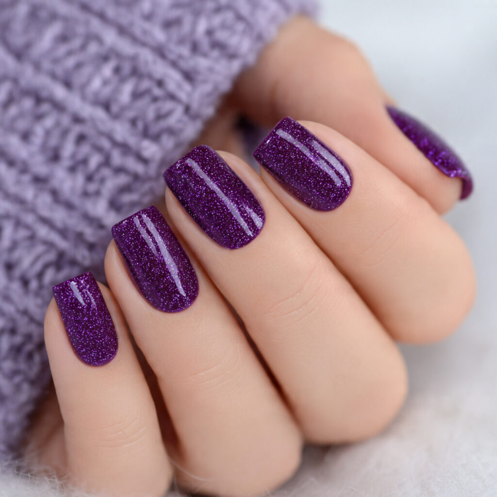 purple nails with subtle glitter accents add