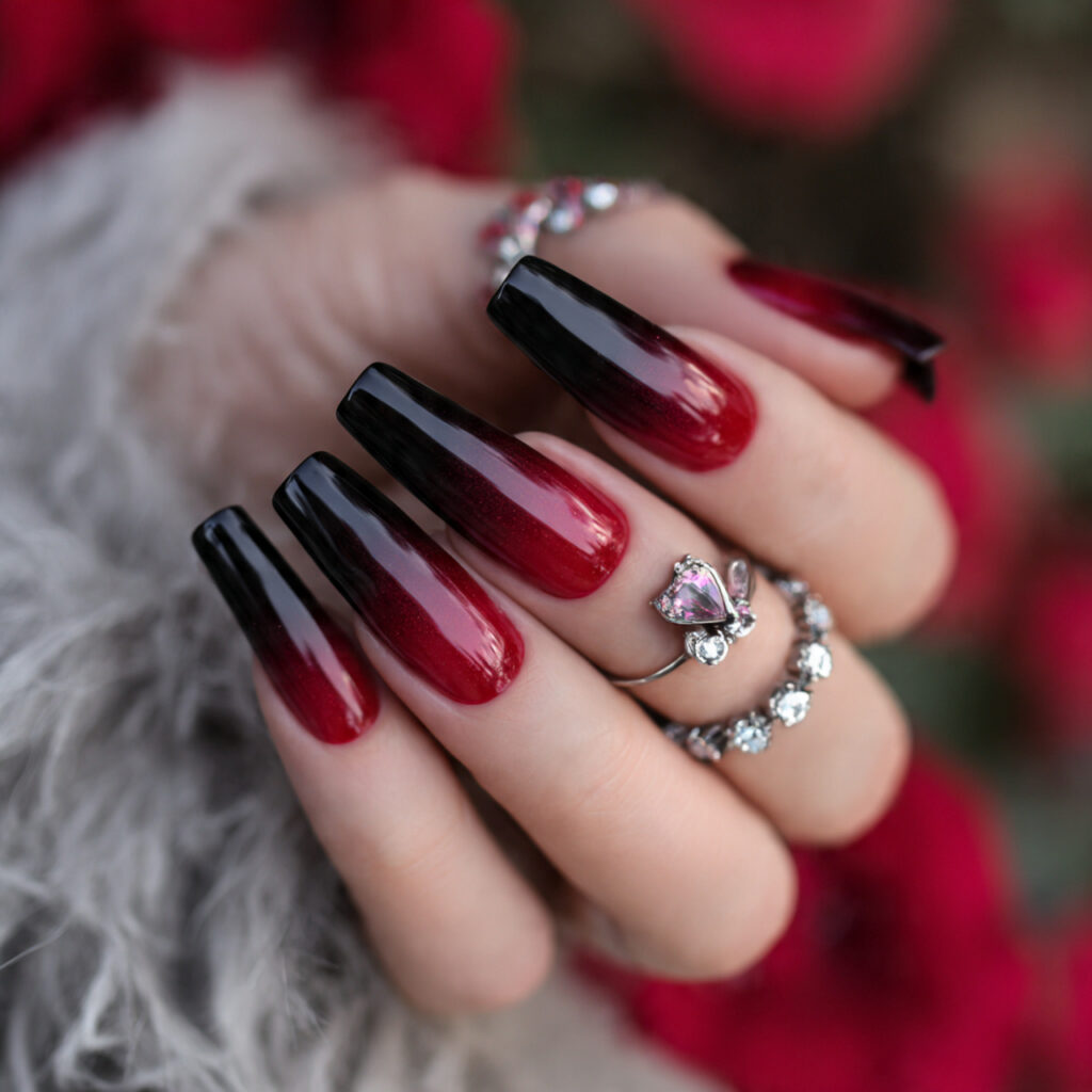 red and black ombre coffin valentine nails