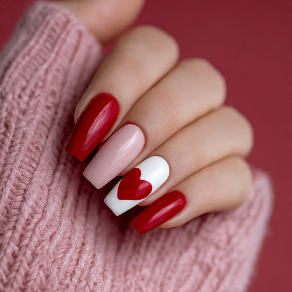 red and coffin valentine nails balance boldness