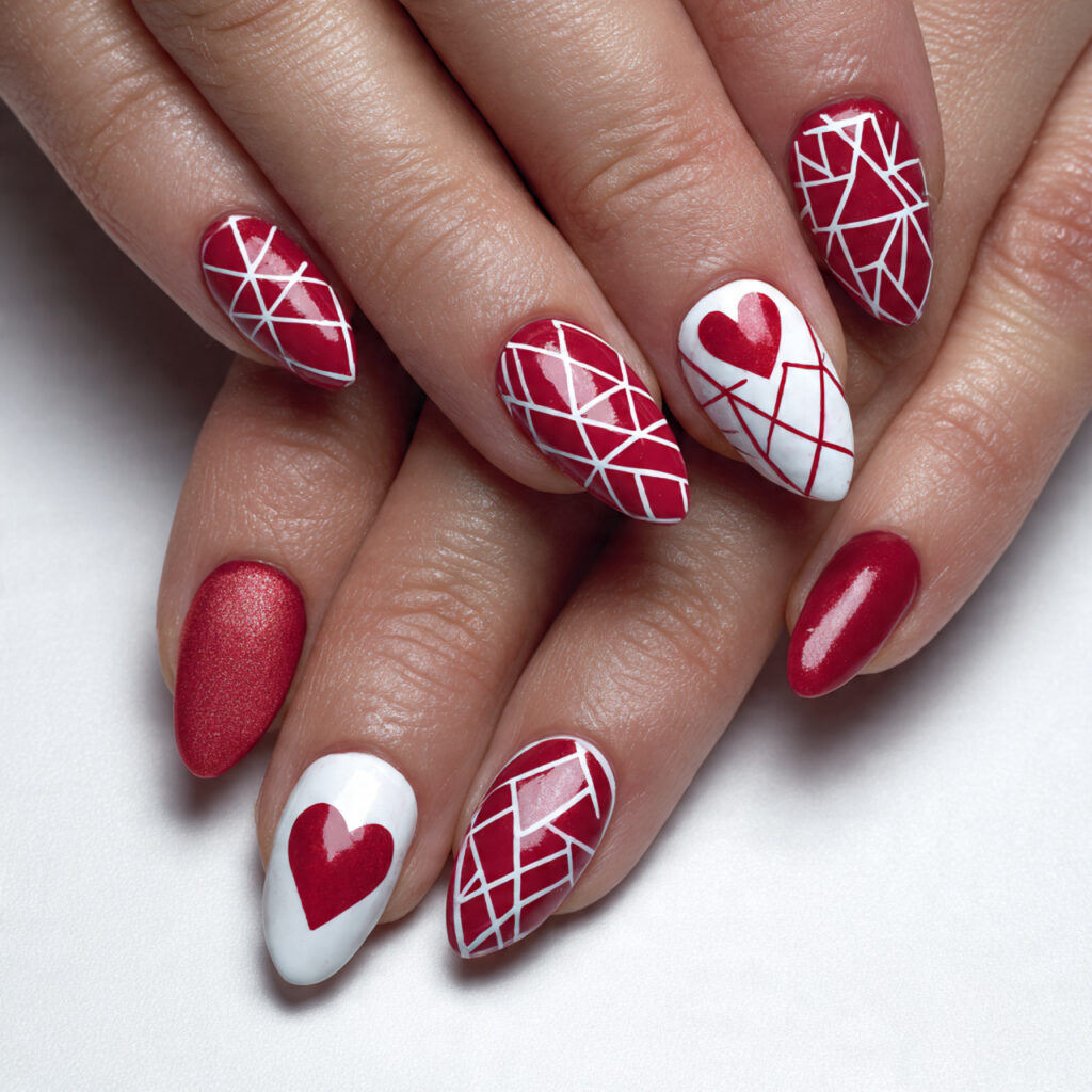 red and white geometric hearts create contemporary