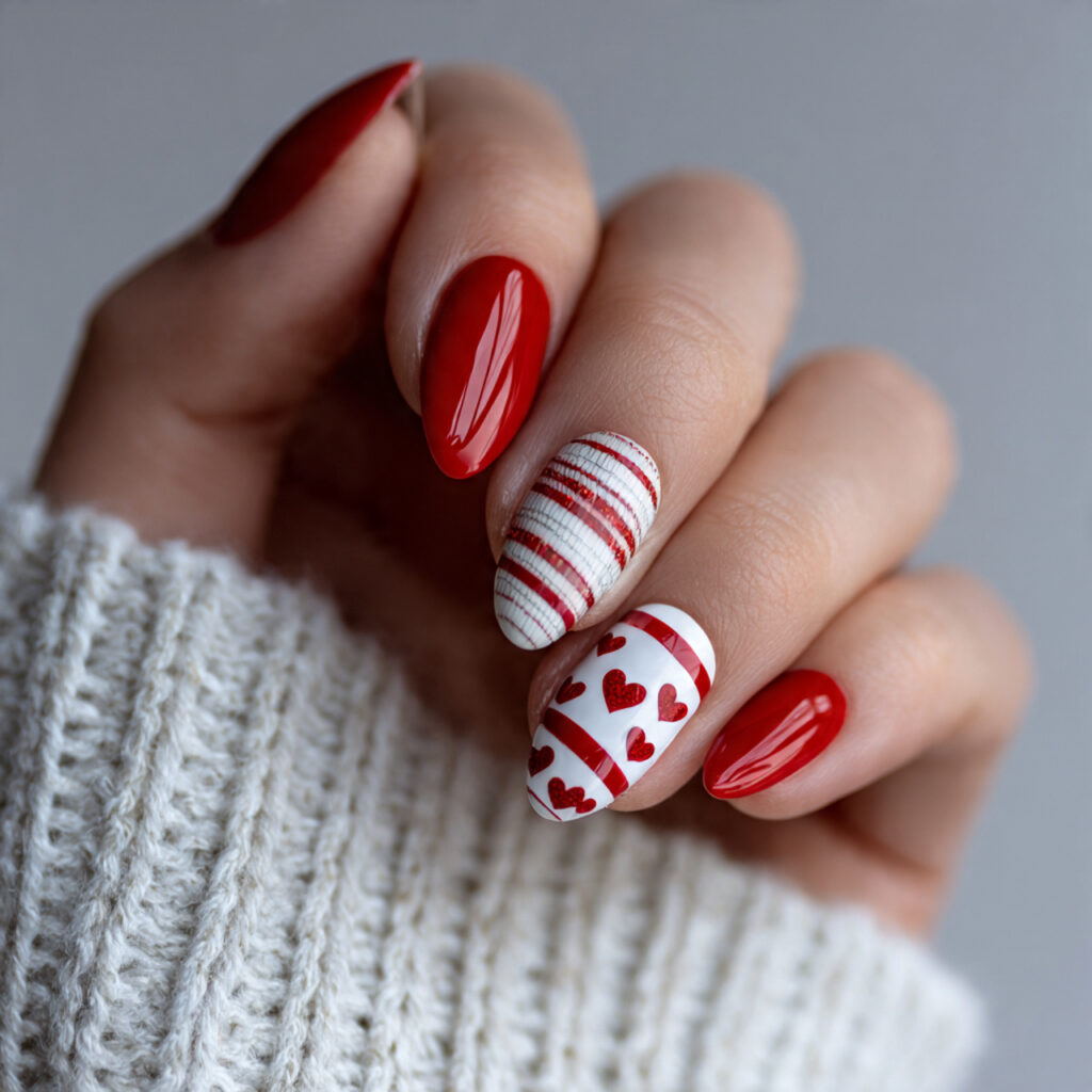 red and white striped valentine nails almond