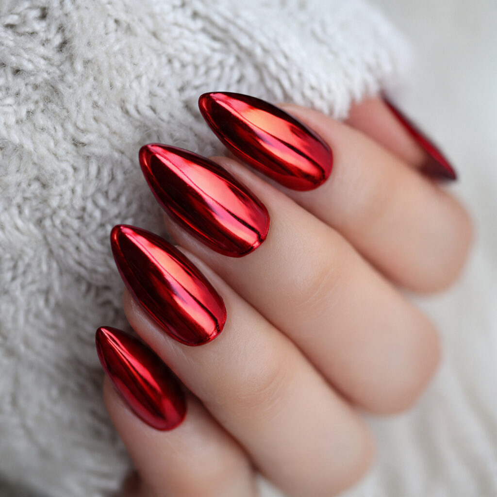 red chrome finish creates futuristic valentine nails