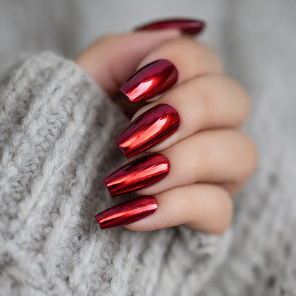 red chrome nails for a bold finish