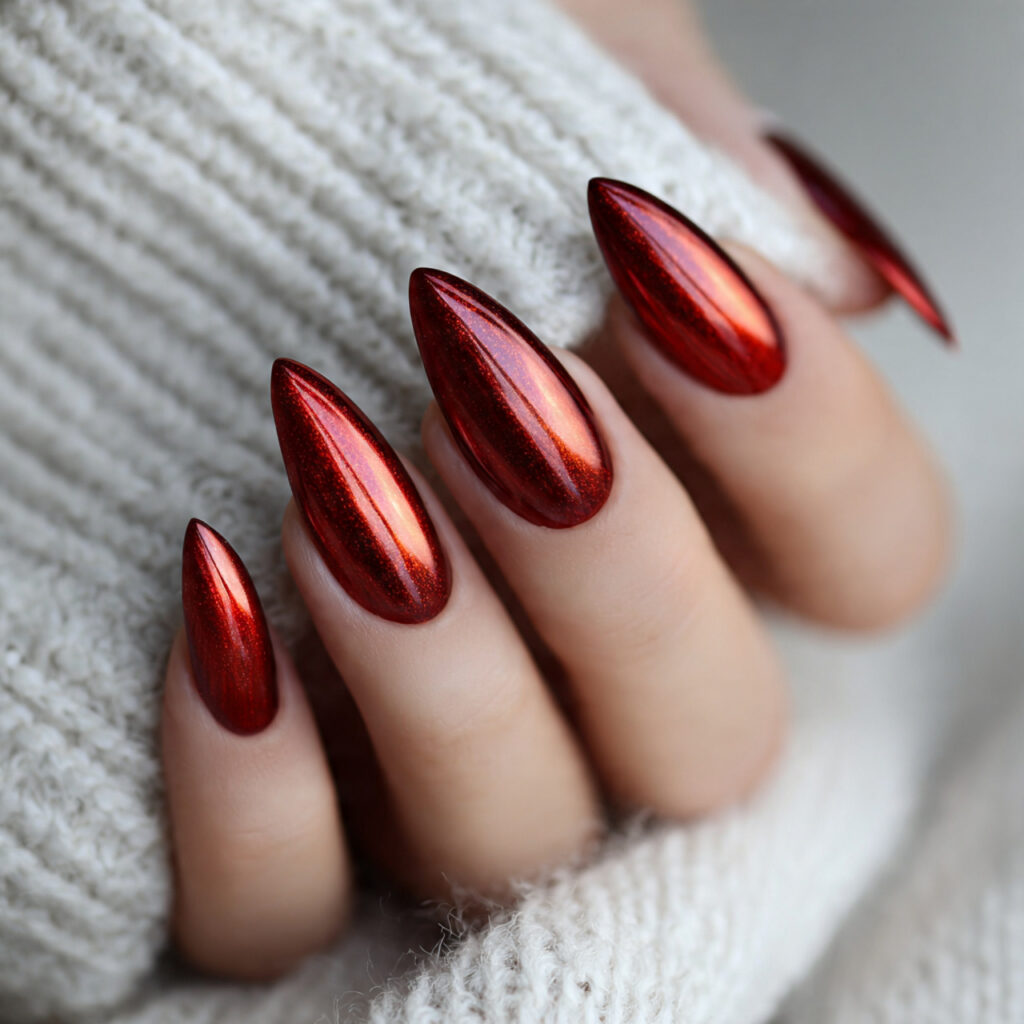 25 Leo Nail Ideas That Are Bold, Glam, and Confident 18 red chrome nails with a fierce shine
