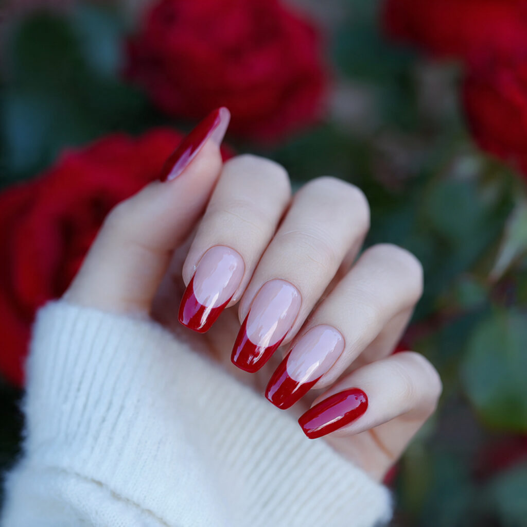 red french tip coffin valentine nails