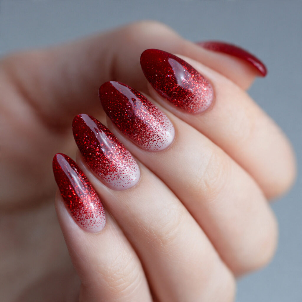 red glitter gradient creates sparkling valentine nails