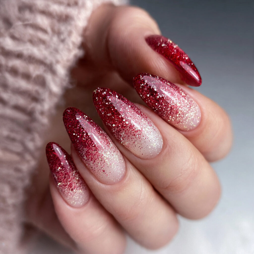 red glitter gradient valentine nails almond long