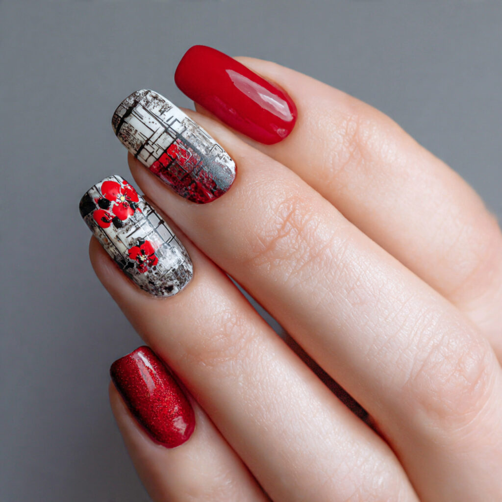 red nails with abstract art patterns