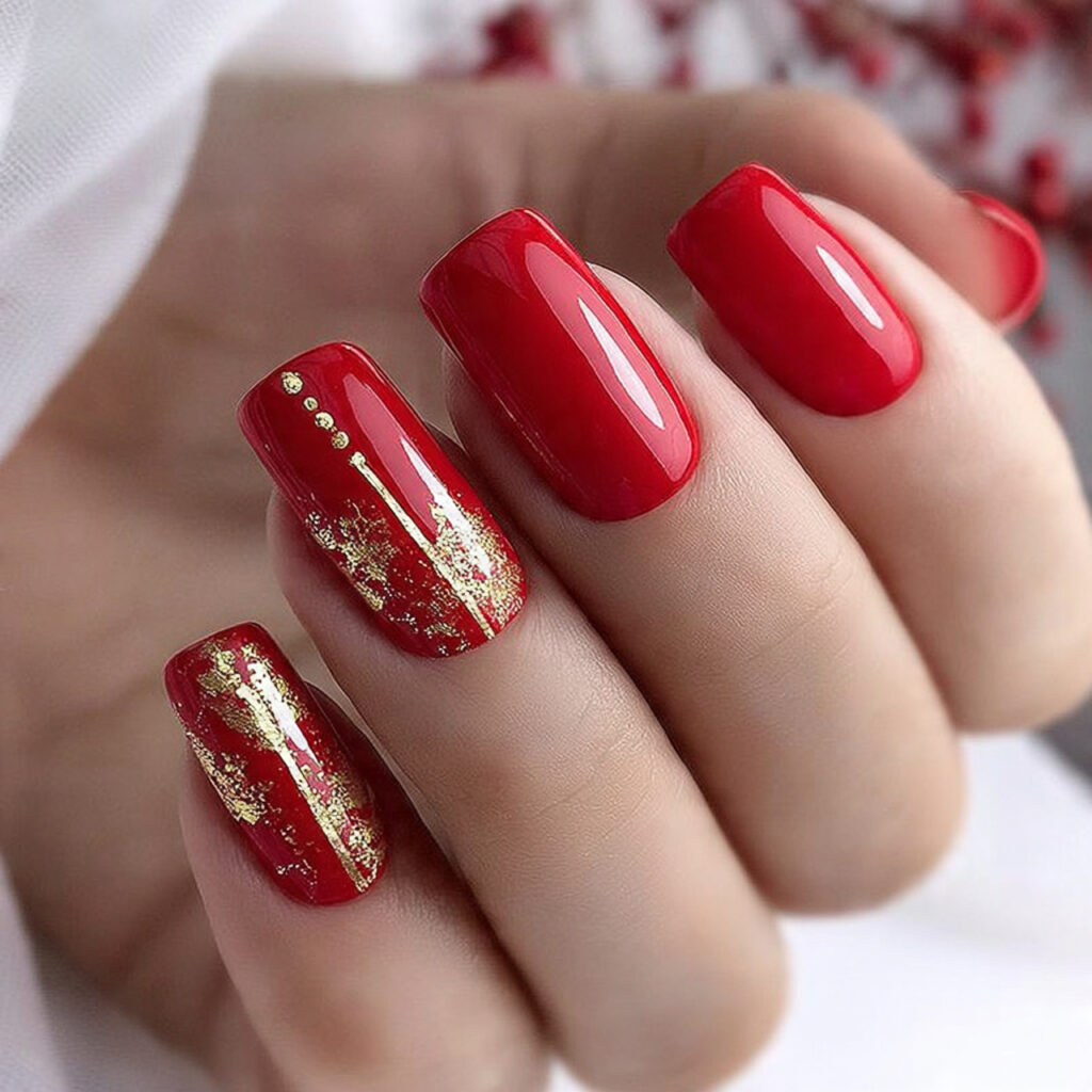 red nails with gold accents look luxurious