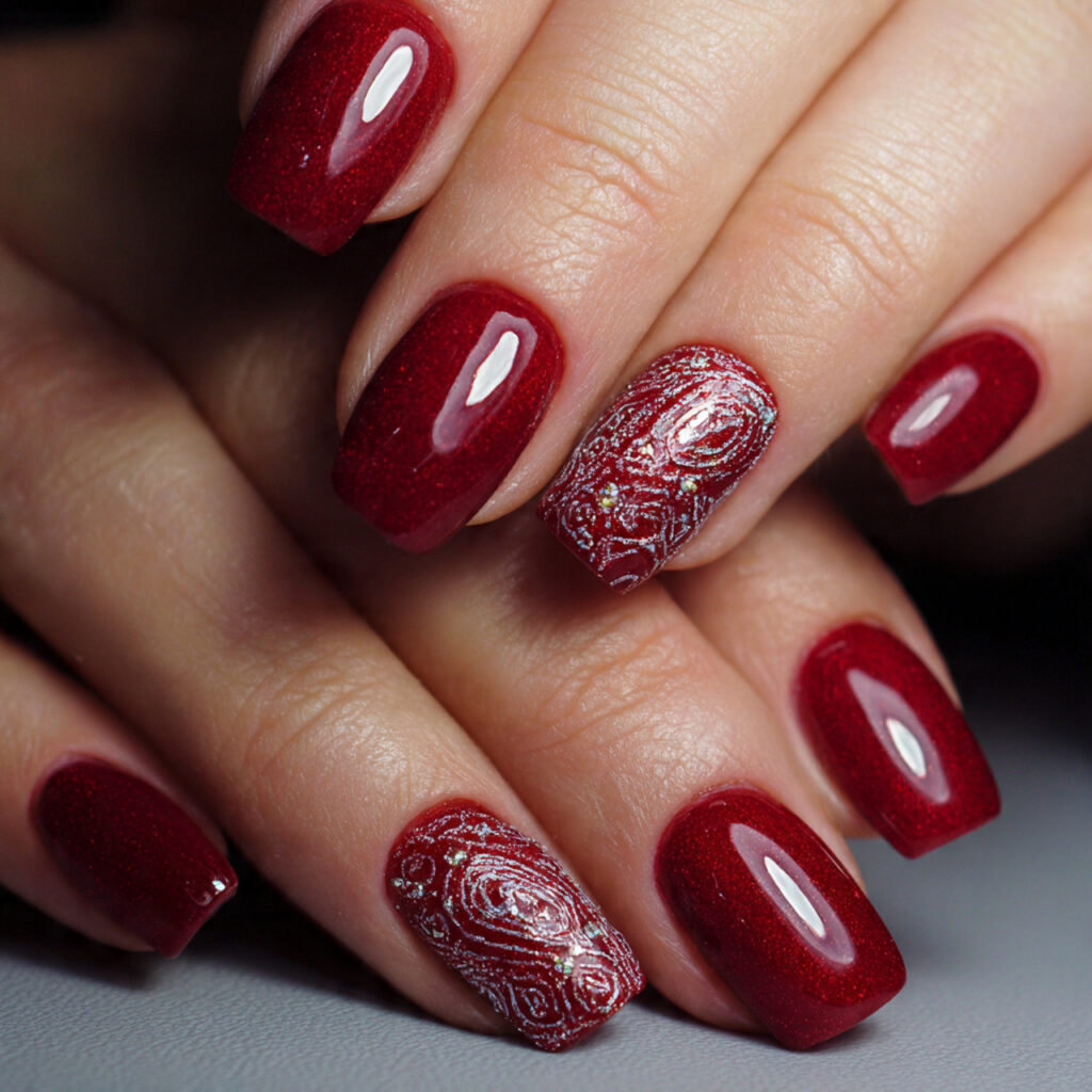 red nails with micro design details